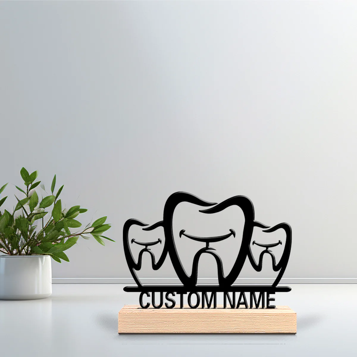 1 pièce Statue en fer personnalisée avec nom, motif dentaire simple, artisanat d'art avec base en bois, statue en étain pour bureau