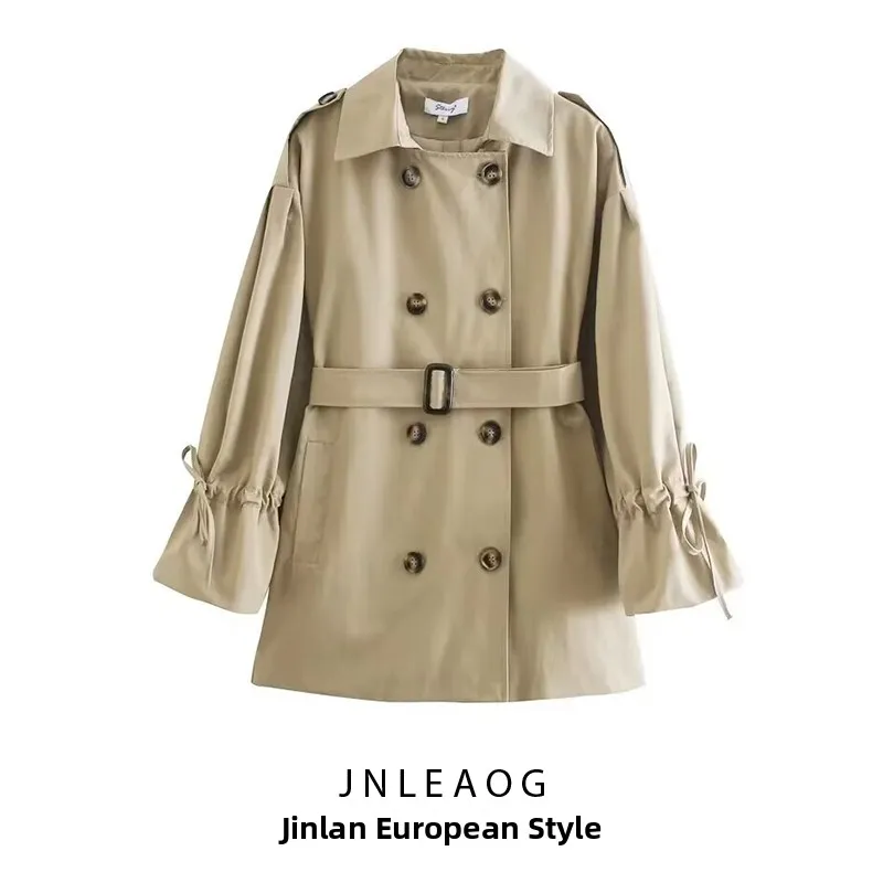

JNLEAOG Faionable Khaki Windbreaker Coat with Dstring Cuffs And Waist Belt Women's Autumn New Sle Commute Straight Cut