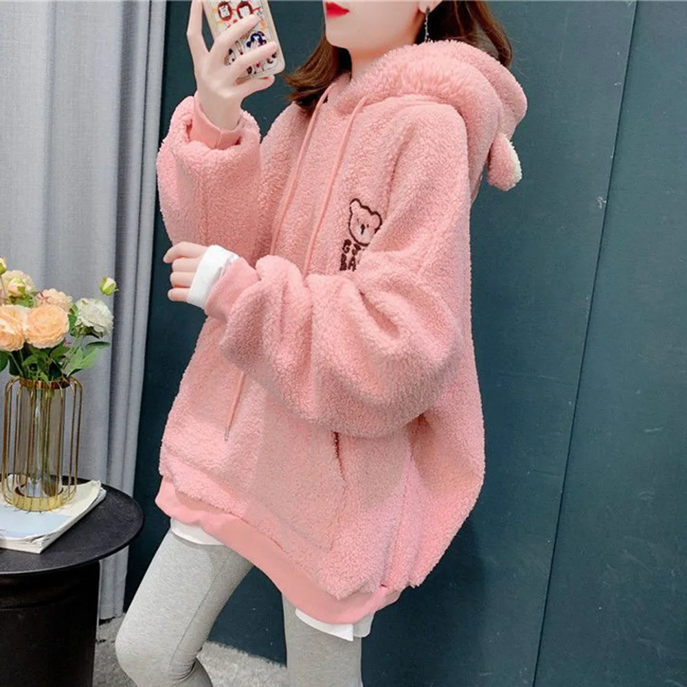 Autumn Winter Lamb Hoodies Women Kawaii Plush Sweatshirt Jacket Casual Warm Hooded Ear Female Cute Bear Print Sweatshirts Coats