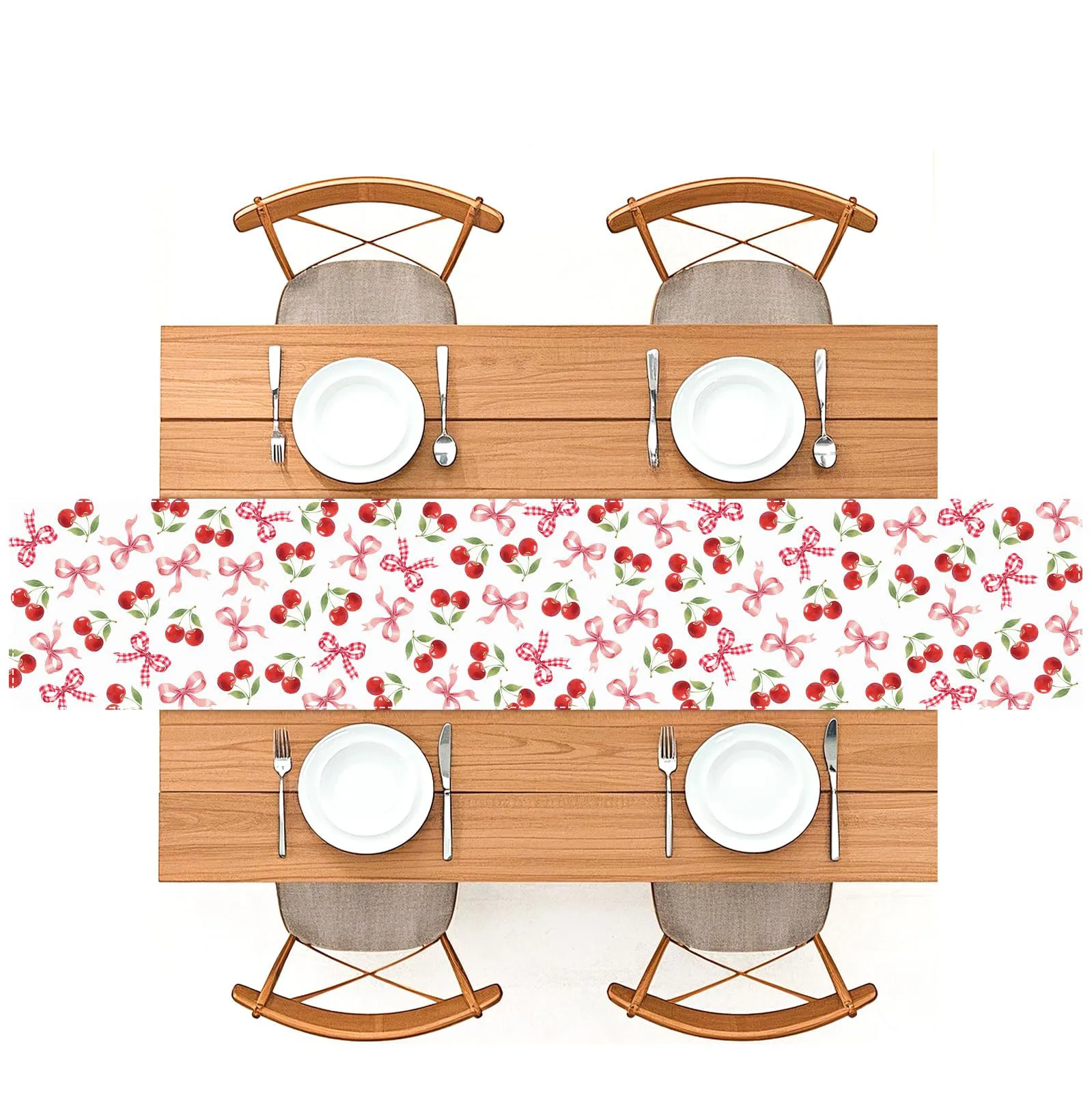 Cherry Pattern Table Runner | Red & White Design with Bow, Seasonal Kitchen Dining Decor Perfect for Home Party, Wedding