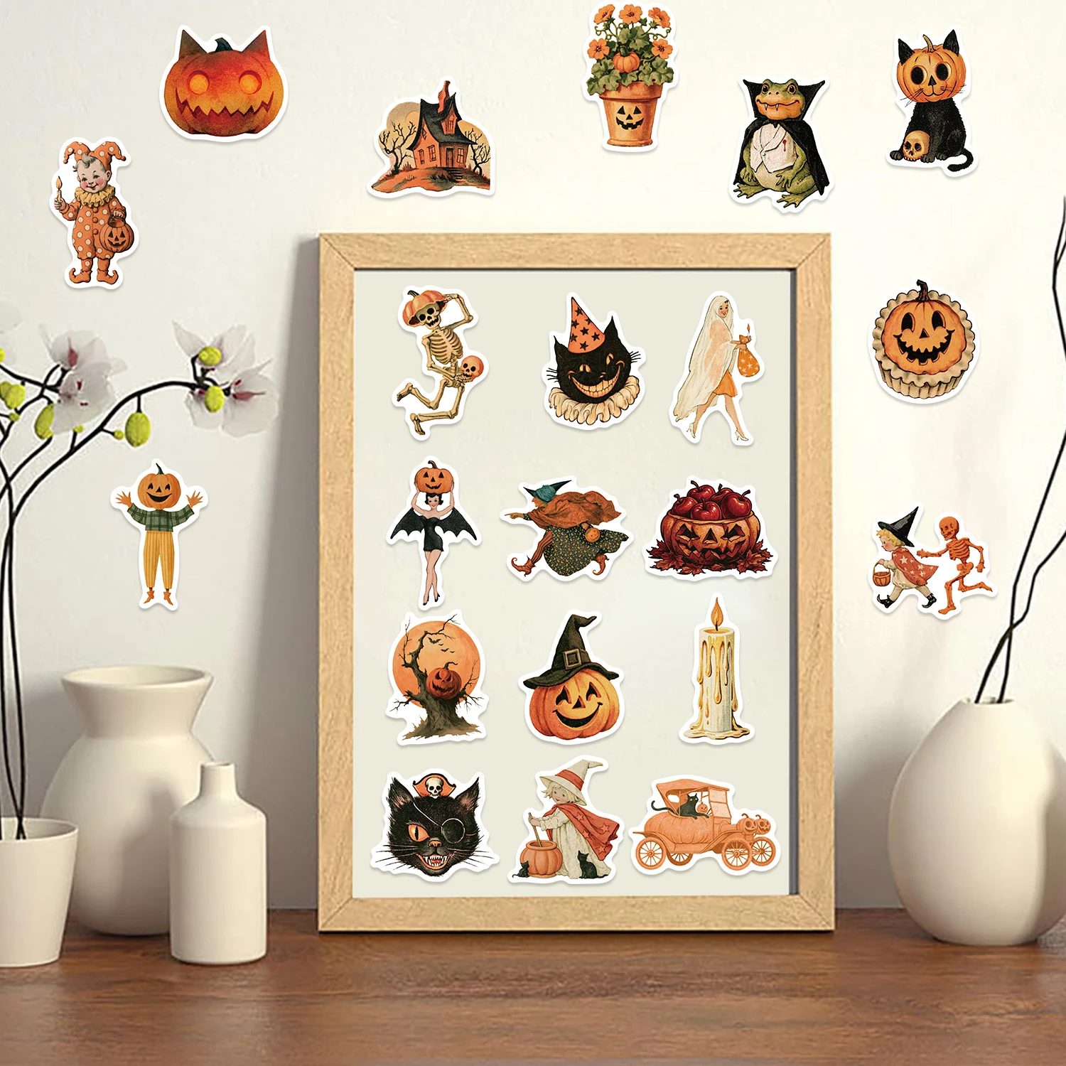 50PCS Vintage Halloween Pumpkin Witch Fun PVC Stickers DIY Luggage Notebook Skateboarding Water Cup Label Stickers