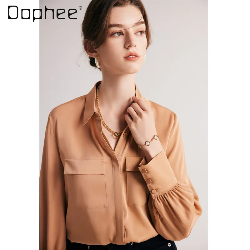 

High-end Fashion Silk Long-sleeved Shirt Women Long-sleeved Commuting Solid Color Temperament Lapel Versatile Inner Shirts