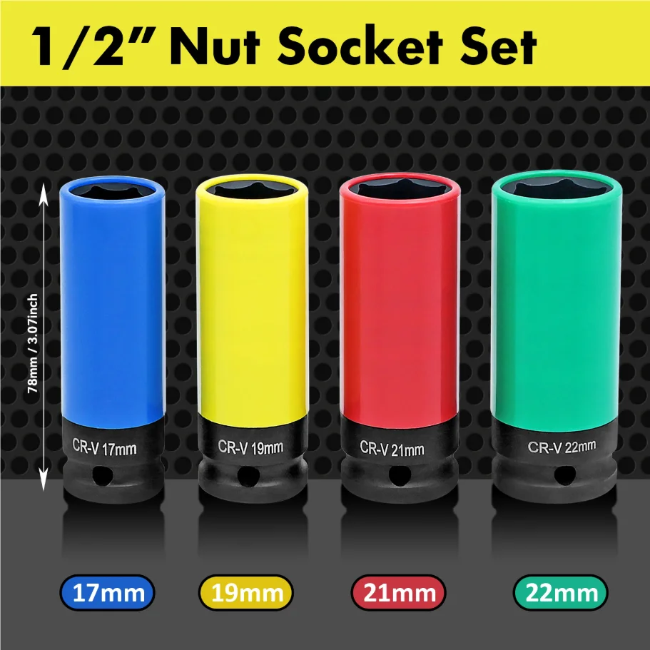 1/2 "محرك العروة الجوز مجموعة مقابس محرك عجلة المقبس إصلاح السيارات حامي تأثير كم مجموعة 15 مللي متر ، 17 مللي متر ، 19 مللي متر ، 21 مللي متر ، و 22 مللي متر #3