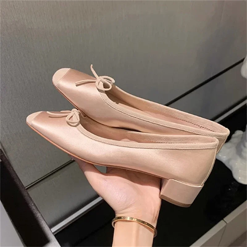 Fashion Design Silk Ballerinas Women Pumps Slip on Loafers Round Toe Square Heels Bowknot Casual Spring Autumn Shoes