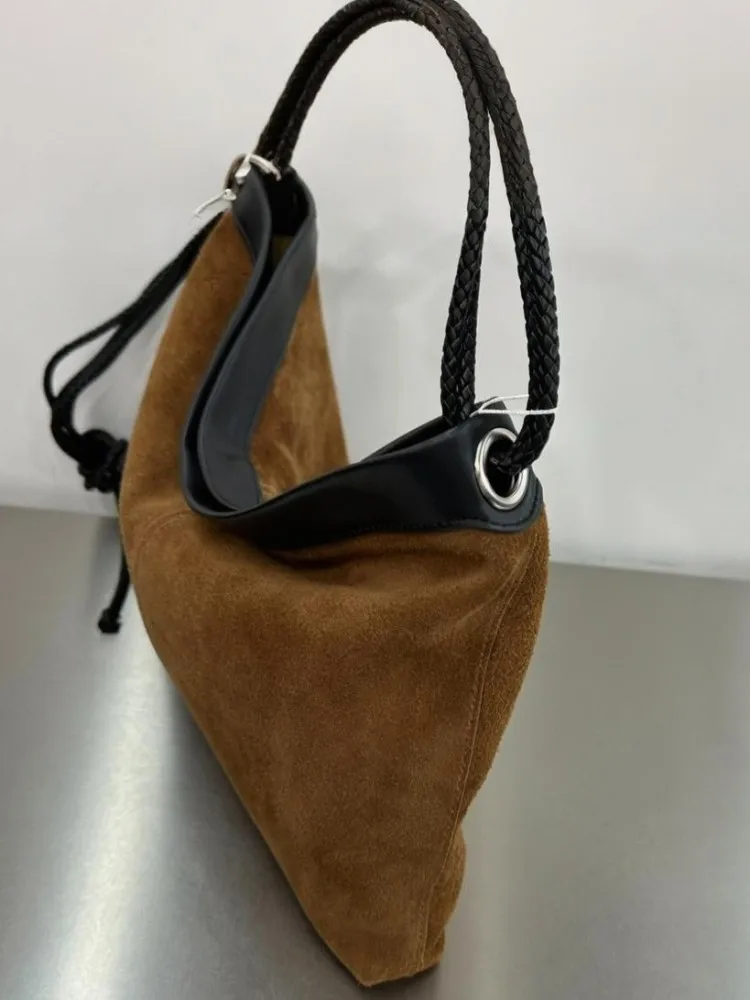 Retro Style Tassel Comfortable Large Capacity Genuine Leather Handbag Mixed Color Suede Cowhide Female Hook Loop Sling Bag