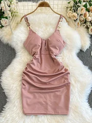 Foamlina Light Mature Women's Clothing Dress Temperament V-neck Sleeveless Celebrity Slim Chain Suspender Dress Night Club