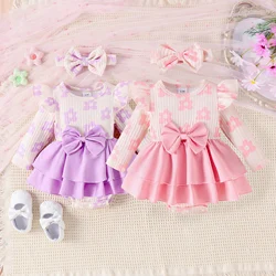 2PCS Autumn New Style 0-1 Year Old Girl Baby Sweet And Cute Round Collar Printed Long-Sleeved Dress + Hair Band