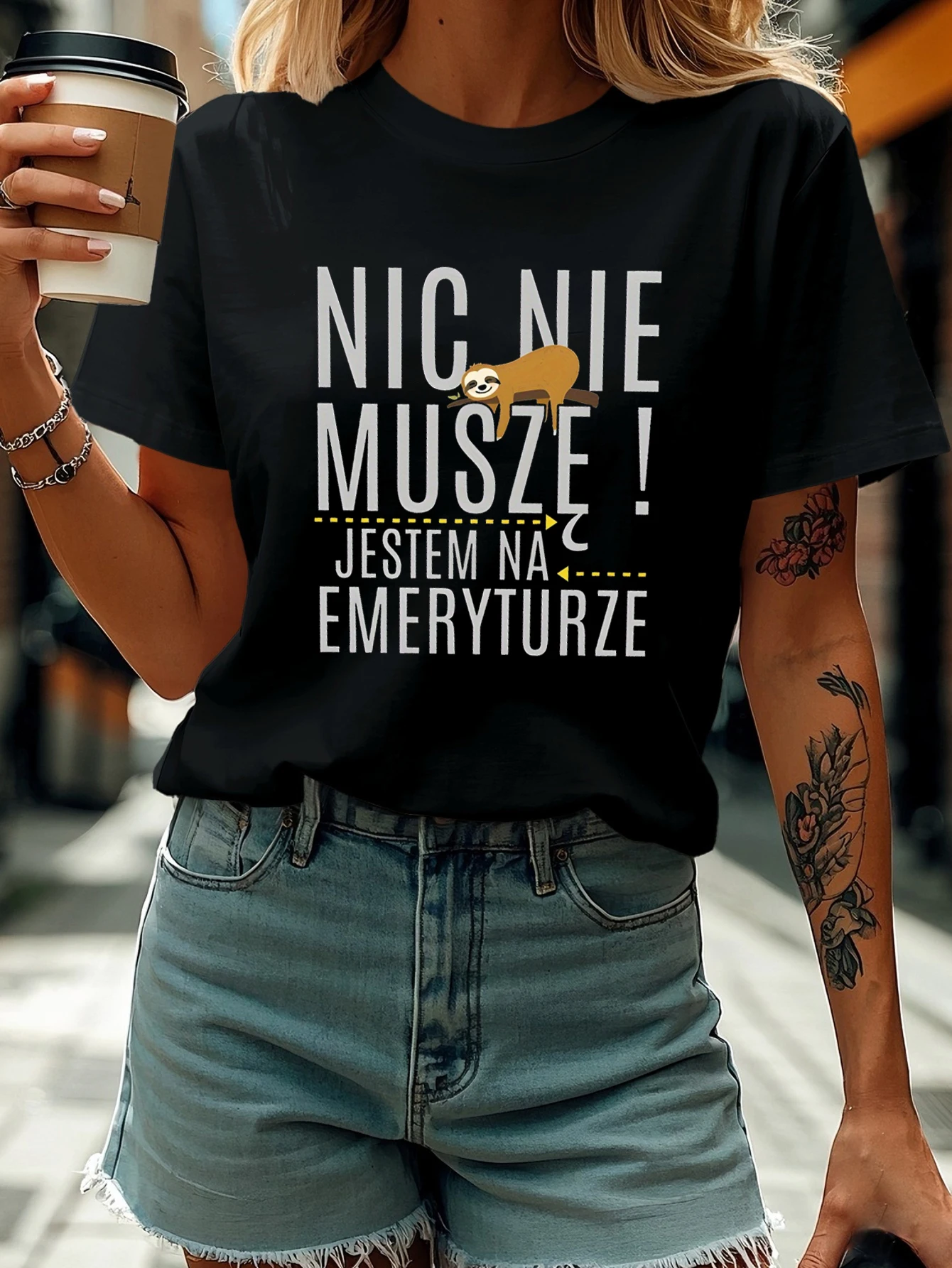 

NIC NIE MUSZE JESTEM NA EMERYTURZE Letter Print T-shirt, Short Sleeve Crew Neck Casual Top For Summer & Spring, Women's Clothing