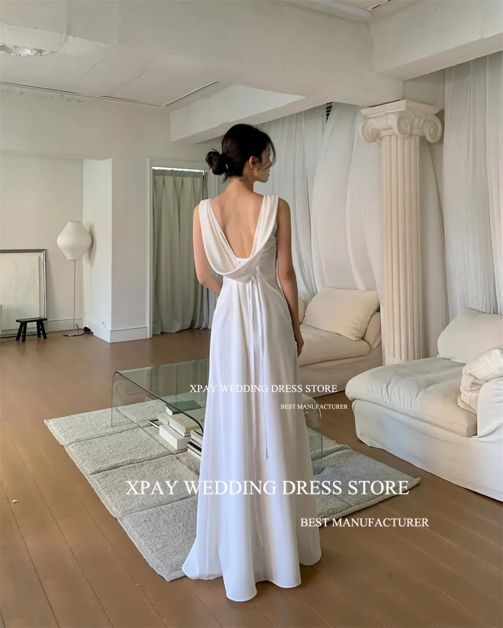 XPAY Elegant Scoop Neck Korea Wedding Party Dresses Cowl Backless Satin Customized Bride Dress Backless Bridal Gown Photos Shoot image 2