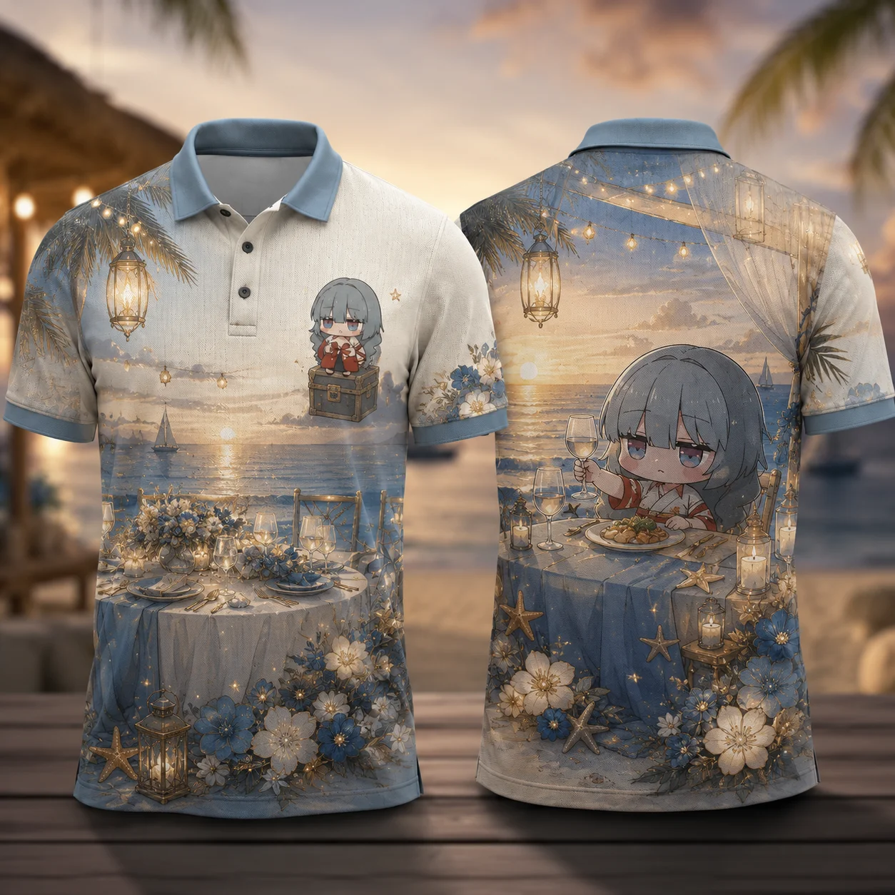 Phrolova Chibi Anime Sunset Dinner Polo Shirt Kawaii Girl 3D Print Quick Dry Breathable Summer Beach Vacation Casual Unisex Top