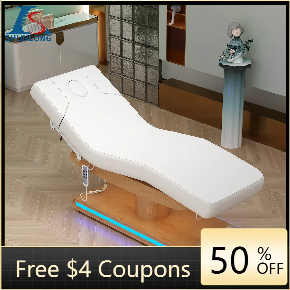 Electric Massage Table Wooden Base with LED Light White PU Facial Bed Adjustable Backrest Beauty Spa Bed for Salon Physiotherapy