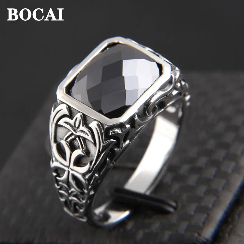 BOCAI Real S925 Silver Jewelry Inlaid with Black Onyx/Blue Zircon Retro Personality Totem Trendy Cross Pattern Men\'s Ring