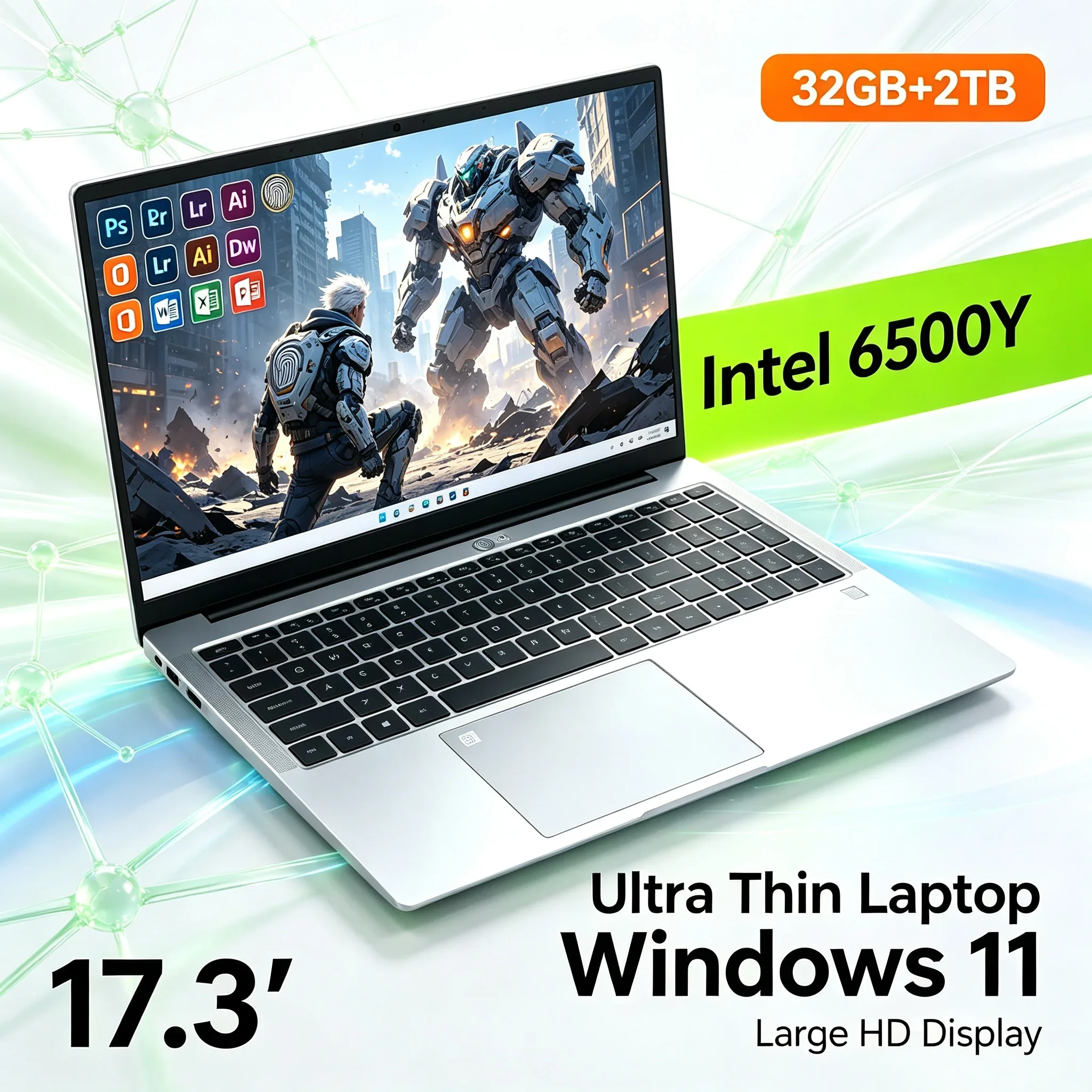 New 17.3'' Large HD Notebook Intel 6500Y 32GB RAM 2TB SSD Windows11 WiFi6 BT5.2 Portable Laptop For Home Study Daily Work Use