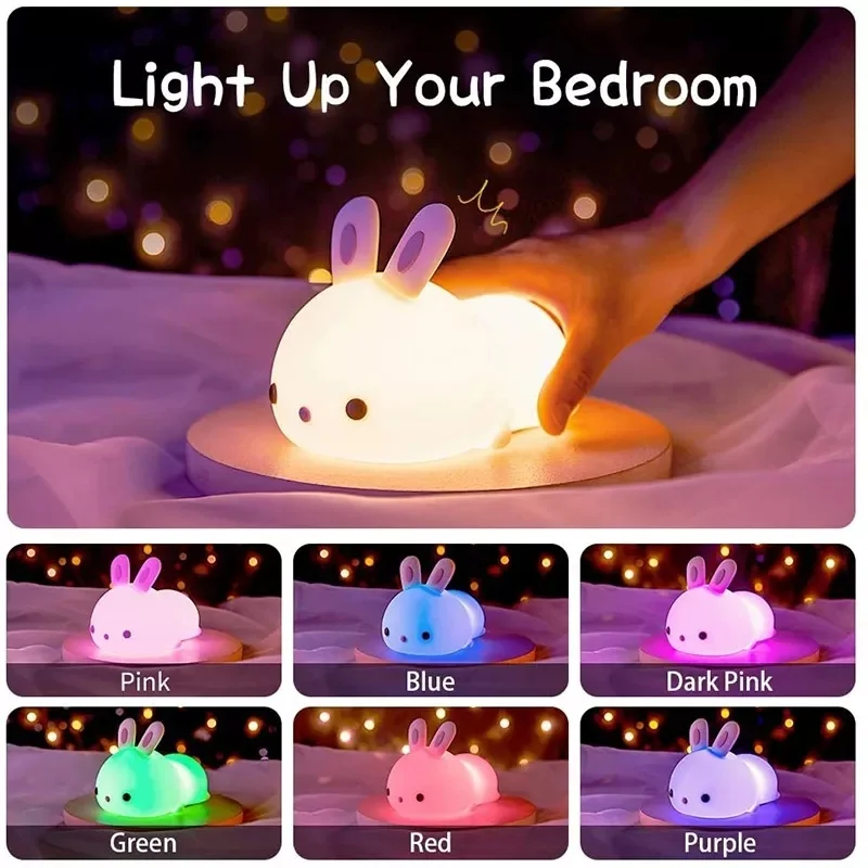 LED NightLights Silicone Rabbit Night Light with USB Charging Colorful Atmosphere Lamp for Children Kids Holiday Gift