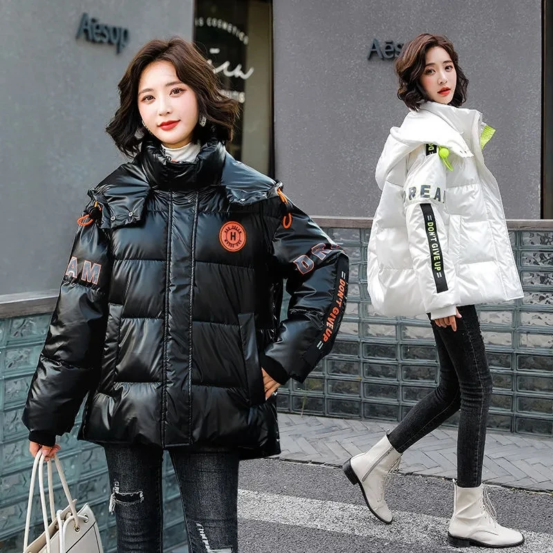 Glossy Down Padded  Coat Women Stand-up Collar Waterproof Puffer Jacket 2024 New Winter Warm Hooded Parkas Female Korean Loose S