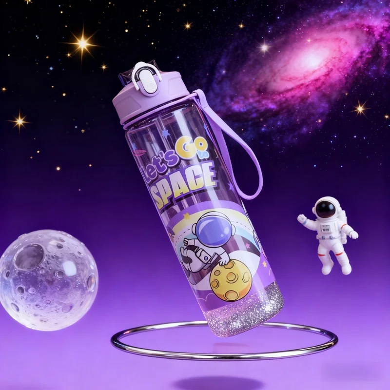 750 ml Astronauten-Sportflasche mit Strohhalm und Griff, Outdoor-Trinkbecher, großes Fassungsvermögen, niedliche Trinkflasche für Outdoor-Sportarten