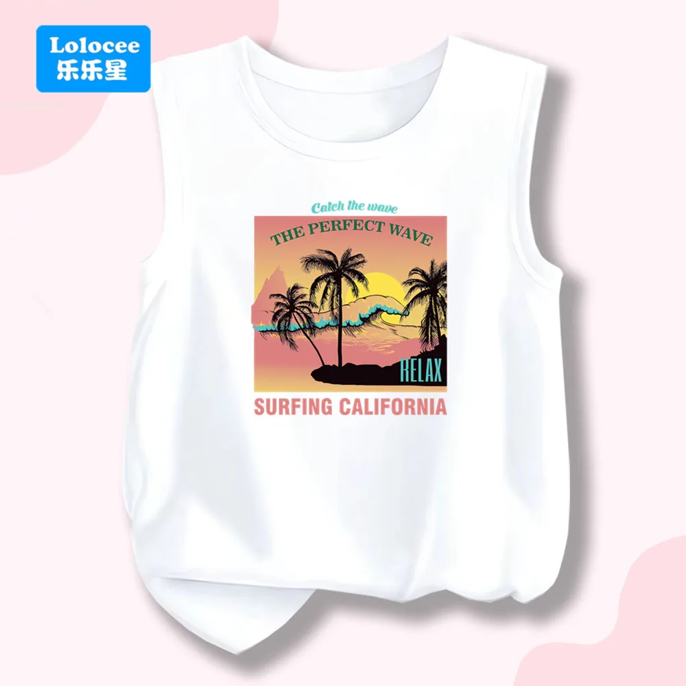Girls Summer Round Neck Cotton Singlet California Surfing Palm Tree Print Kids Tank Top