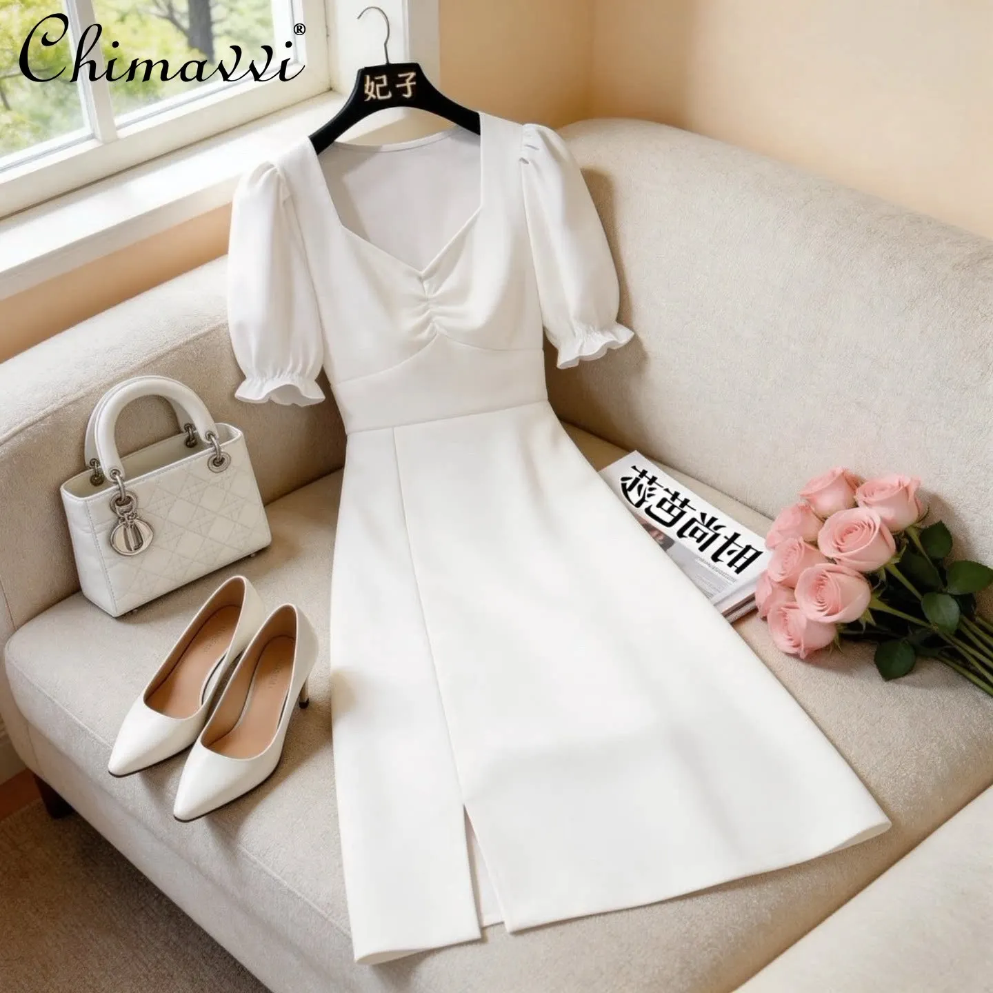 

Французское элегантное модное черное платье в стиле Хепберн с квадратным вырезом, пышными рукавами, завышенной талией, А-силуэта, простое повседневное летнее платье для женщин