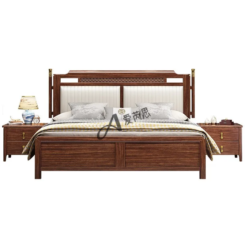 

Guochao ebony all-solid wood bed, master bedroom double with soft rest
