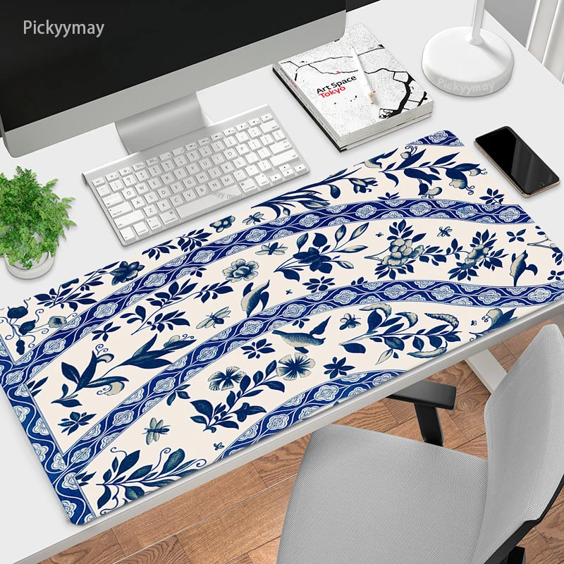 

Art Large Mouse Pad Chinese Blue Flower Pattern Desk Mat Computer Mousepad Rubber Table Carpet Locking Edge Office Mausepad XXL