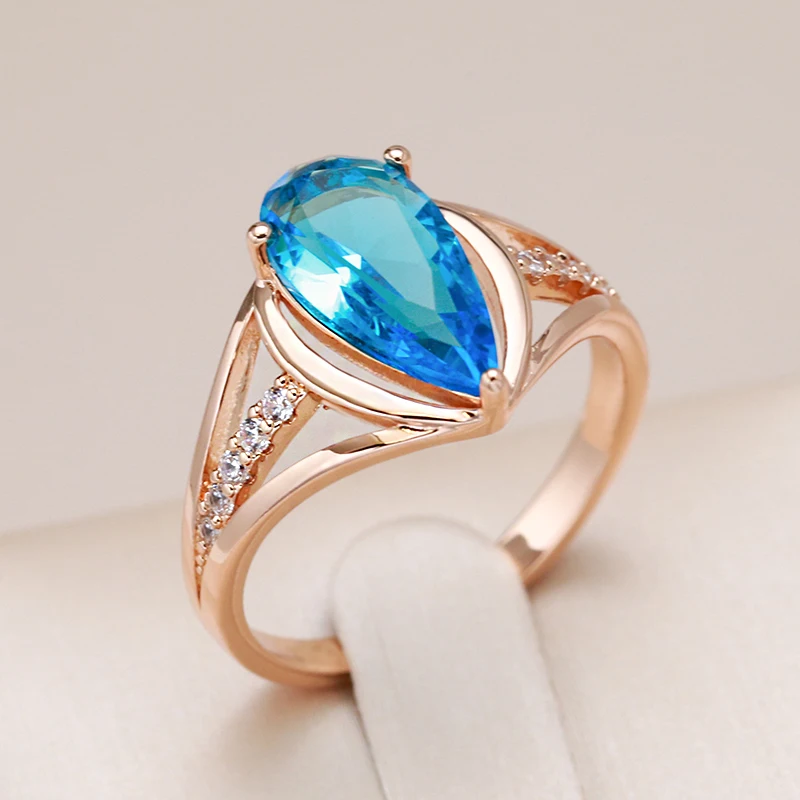 Kinel luxo azul natural zircão grande anel para mulheres moda 585 rosa ouro gota de água acessórios casamento jóias diárias 2023 novo