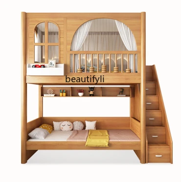 Bunk bed for two children in small apartment with same width and high and low beds, high box beds for boys and girls