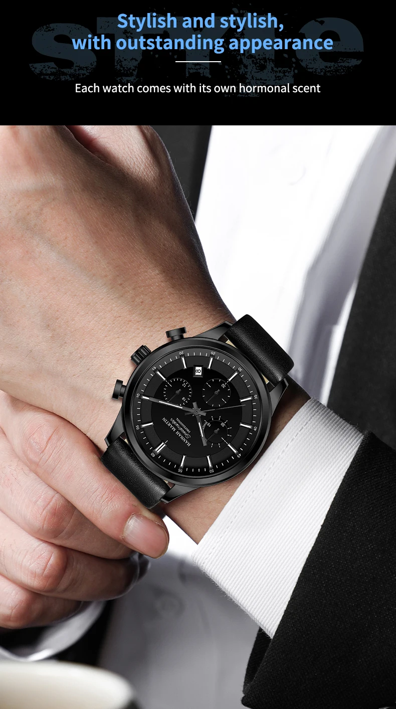 Hannah Martin Marke Herrenuhr Multifunktionales Timing-Zifferblatt Casual Sport Leder Original Quarzwerk Business-Armbanduhr für Herren – Detail 9