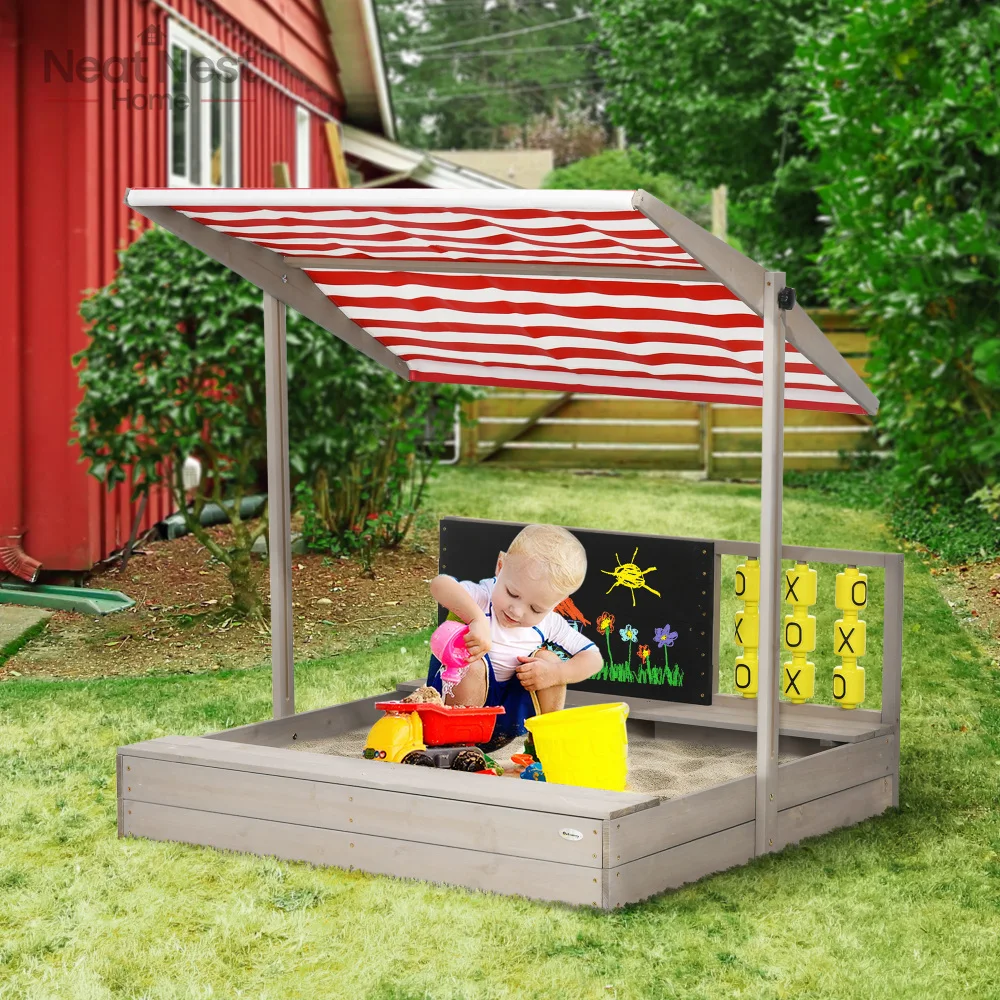 

Adjustable Wooden sunshade sandbox,Practical and sturdy Kids Sandbox with Cover, Bring a cushion, Children's outdoor toys