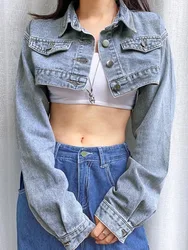 Deeptown Vintage Long Sleeve Crop Denim Jacket Women 2024 Fashion Jeans Bomber Jackets Cardigan Coat Spring Casual Coats Clothes