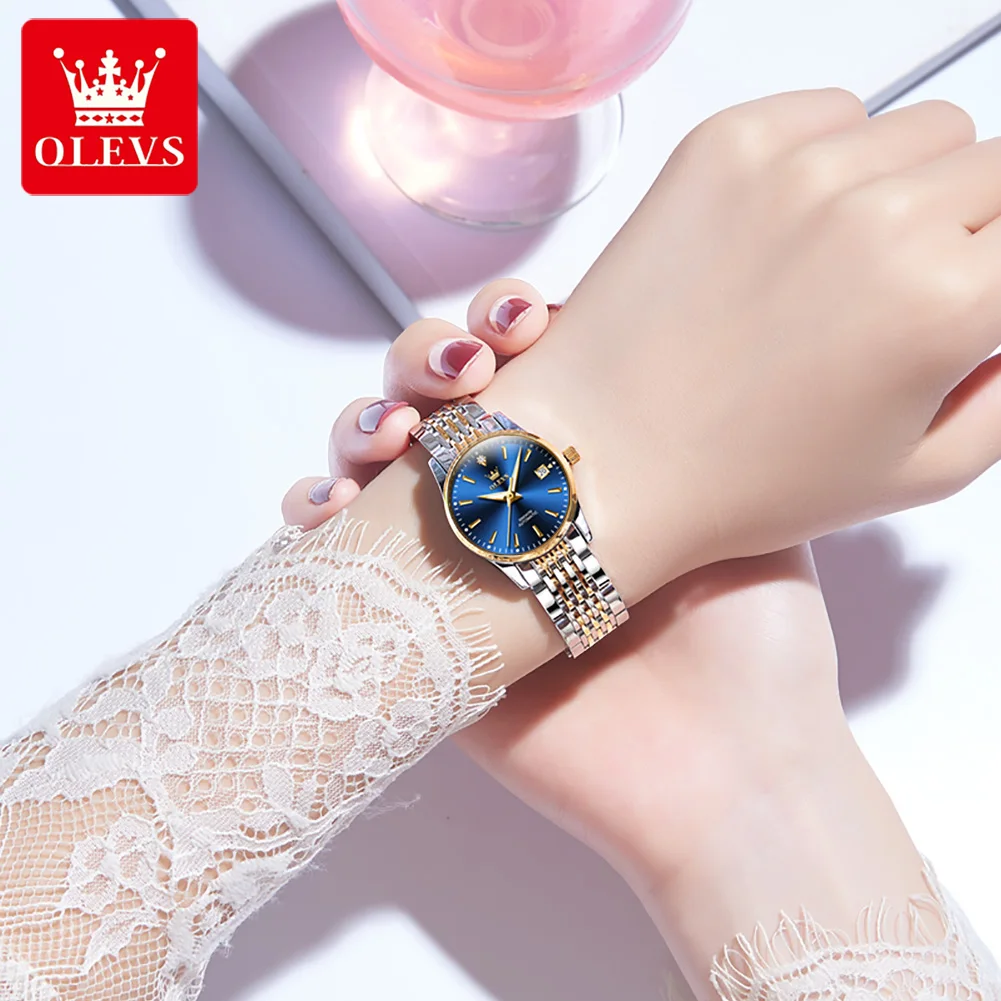 OLEVS العلامة التجارية ساعة الصلب قطاع تقويم واحد ساعة ميكانيكية أوتوماتيكية بالكامل ضوء الليل مقاوم للماء ساعة نسائية 6635