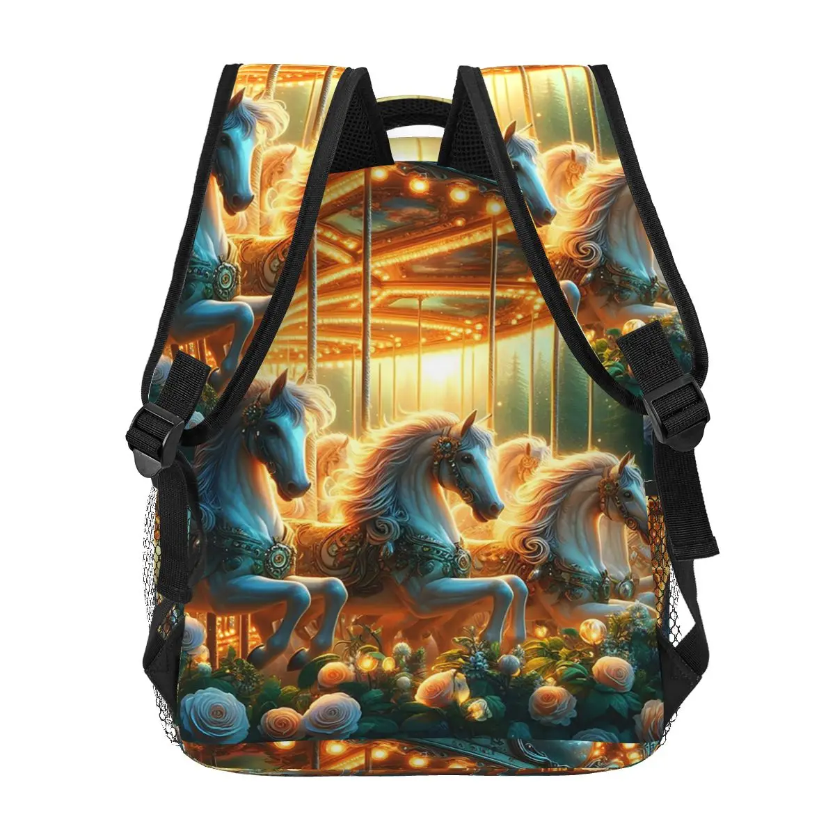 Glowing Horse Carousel With Roses Around Backpack Hot Sale Daypack Large Capacity BookBag School Bag Shoulder Bags for Men Women