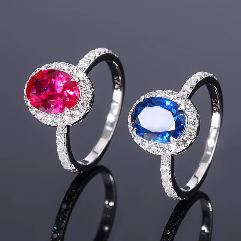 S925 All Body Silver Simulated Blue Spinel Red Corundum Vintage Ring Main Stone 7 * 9 Fashion and Simple Style