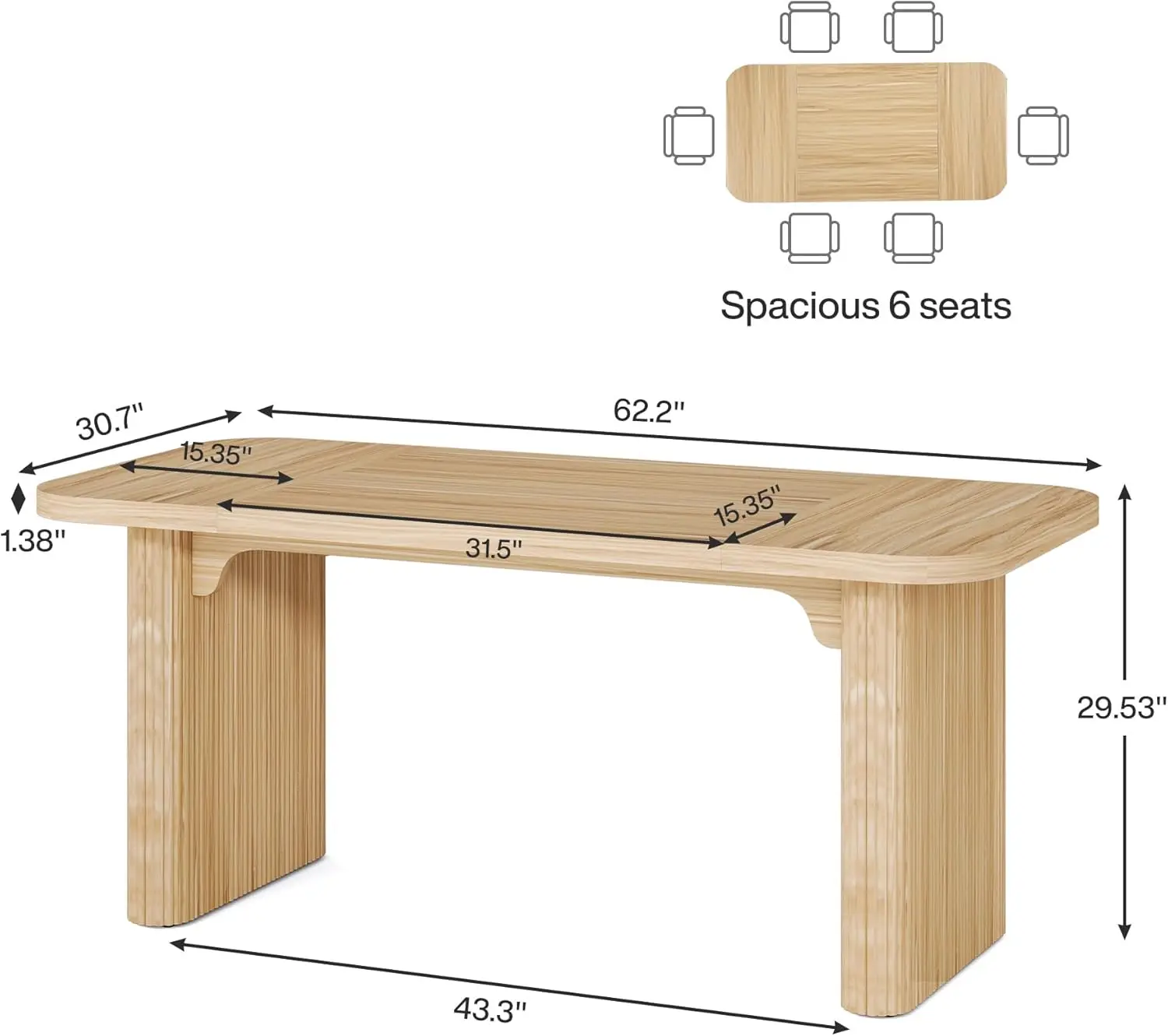 Farmhouse Dining Table for 4-6 People, 62-Inch Modern Kitchen Table with Double Robust Pedestal, Long Rectangular Wooden Dinner