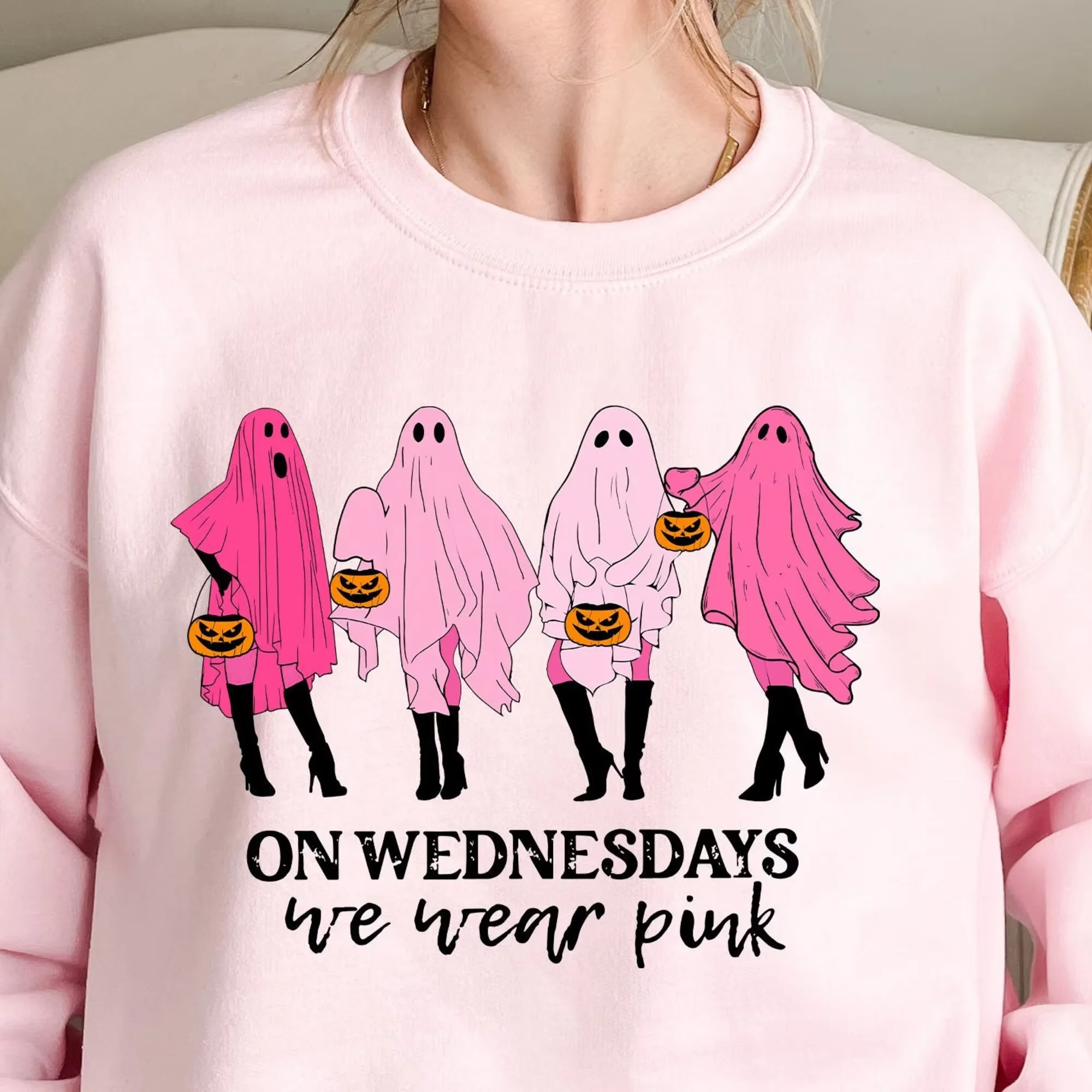 

We Wear Pink Ghost Crewneck Sweatshirt Wednesday, Mean Girls Ghost Sweatshirt, Pink Ghost, Halloween, Aesthetic Women's Clothing