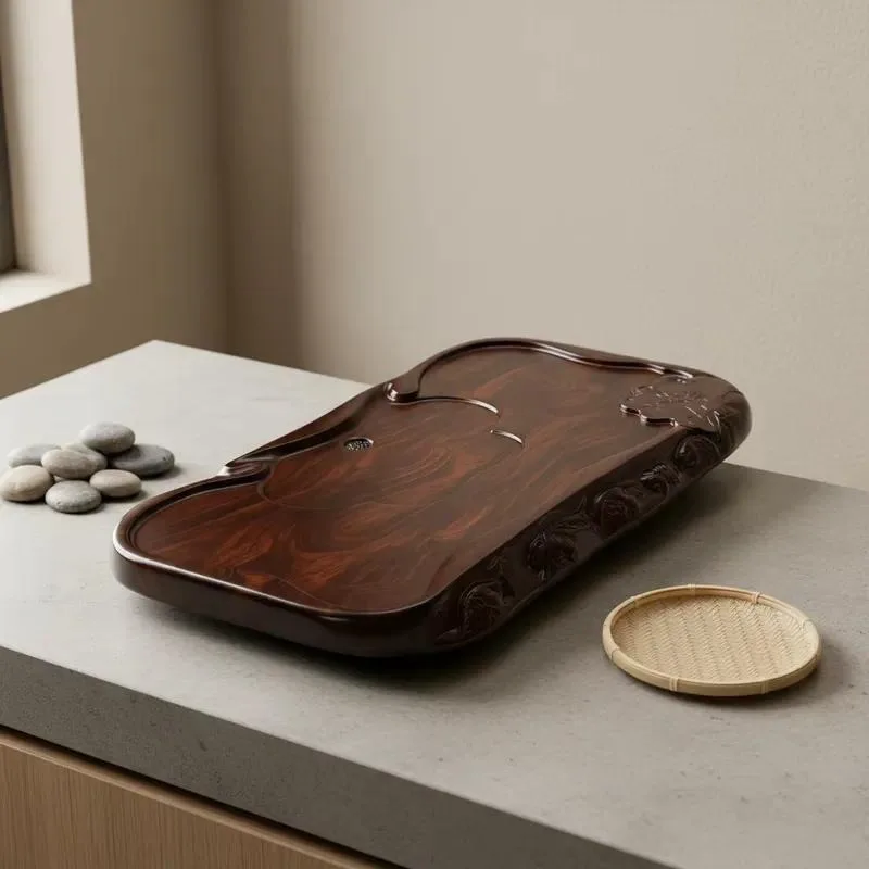 Solid wood tea tray for family living room - modern minimalist design, size, waterproof drainage
