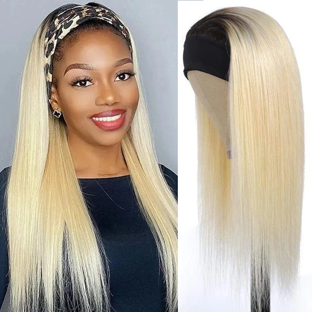 #613 Blonde Headband Wig Bone Straight Human Hair Wigs for Women 1B 613 Dark Root Blonde Remy Hair 12-30 inch No Glue MogulHair