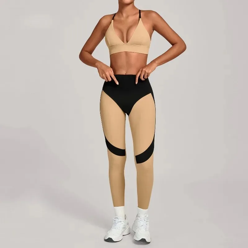 

Women's Color Blocked High Elasticity Yoga Set Hip Lifting and Waist Tight Fitness Set Outdoor Running and Fitness Set