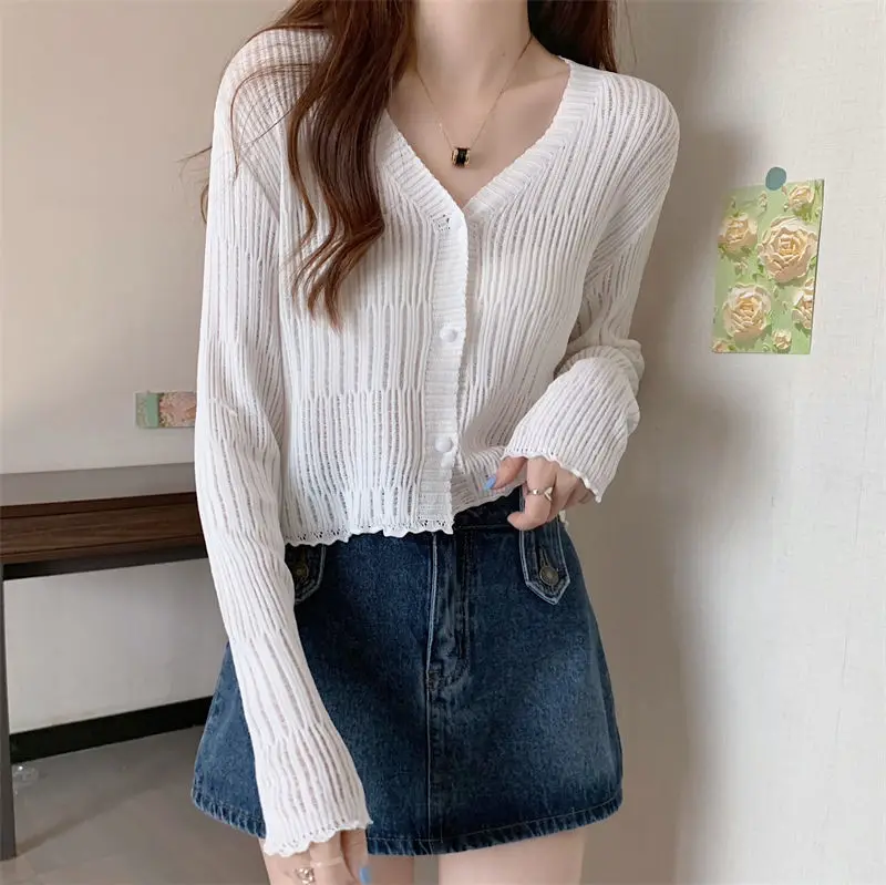 Hollowing out Women\'s cardigan knitted sweater Button Loose fitting top coat Youth Elegant High quality knitwear black