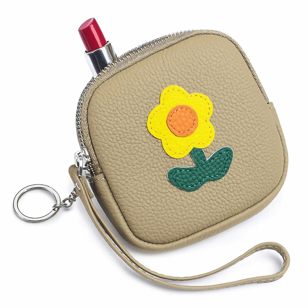 Portamonete Portamonete multifunzionale con piccolo fiore con portachiavi Mini borsa per rossetto adorabile Borsa da viaggio per auricolari con cerniera in pelle