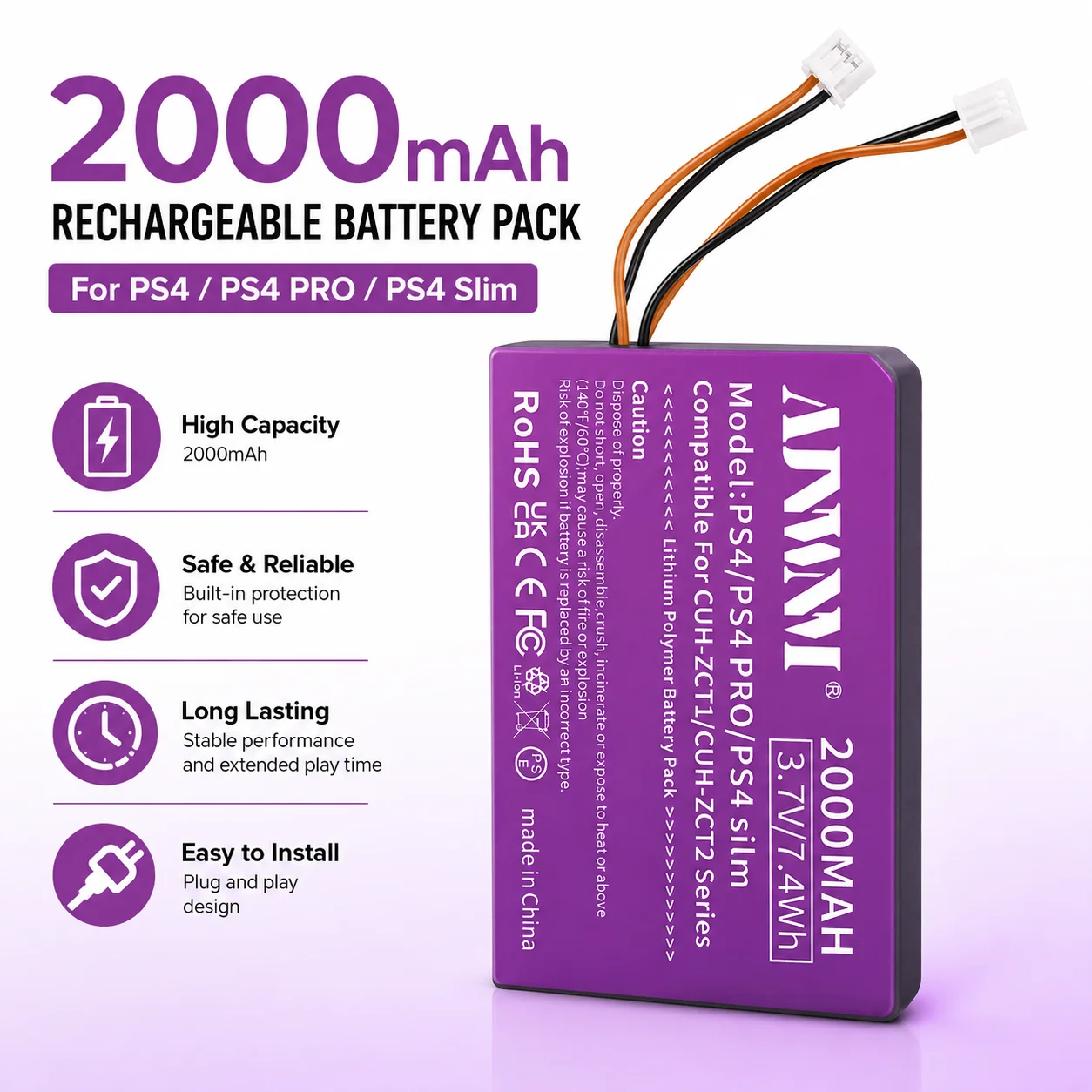 2000mAh Replacement Battery for Sony PS4 / PS4 Pro / PS4 Slim Wireless Controller, Compatible with CUH-ZCT1E CUH-ZCT1U CUH-ZCT2