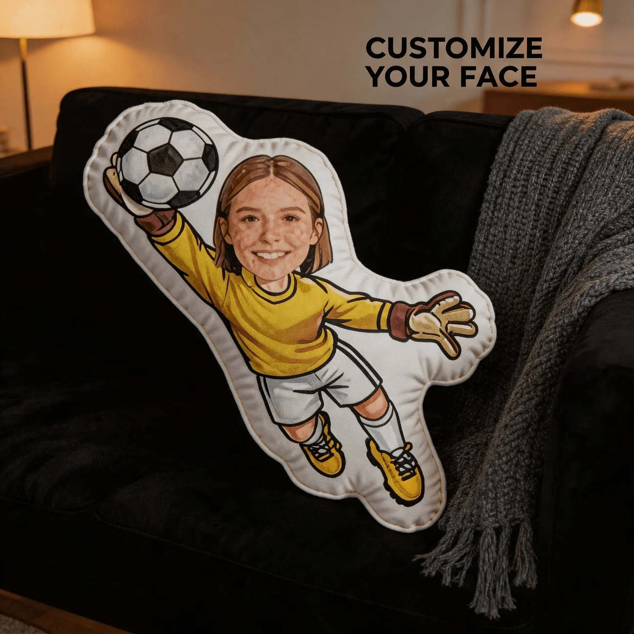 Custom Photo Soccer Goalkeeper Shaped Pillow, Personalized Face Yellow Jersey Decorative Cushion, 70CM Home Decor Accent for Sof