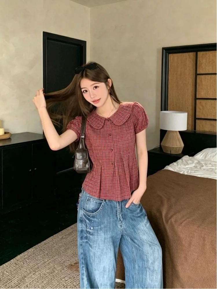 

Retro plus Size Casual Plaid Shirt Collar Doll Neck Button up Slimming Age Defying Fat MM Big Code Versatile Fashionable Top