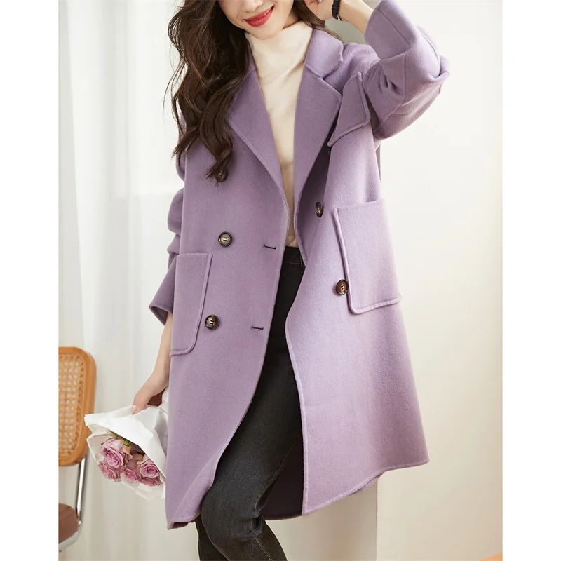 Abrigo de lana coreano para mujer, chaqueta holgada de doble botonadura, medio-largo, moda de invierno, novedad de 2024