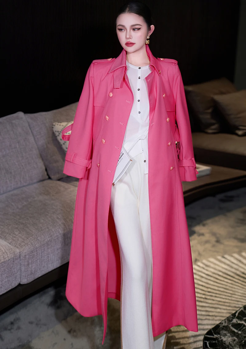 ZJYT Herfst Winter Nieuwe Lange Trenchcoat voor Vrouwen 2025, Fashion Lace Up Double Breasted Outerwears Plus Size Jassen Windjack