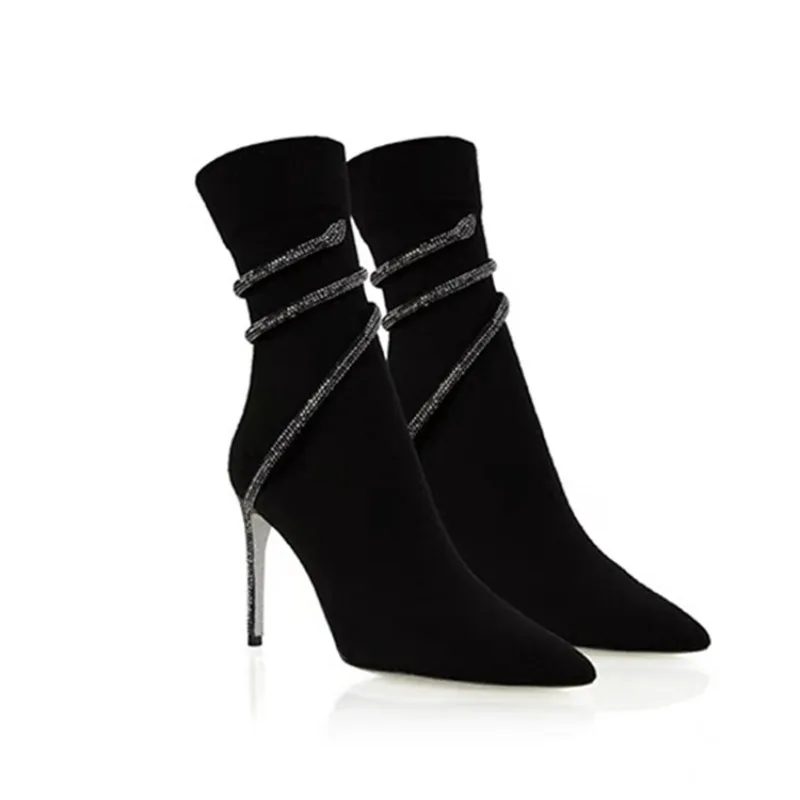 Fashion Designer Women Shoes Exquisite Metal Decoration Stretch Boots for Woman Sexy Pointed Tip High Heeled Boot Botas Feminina