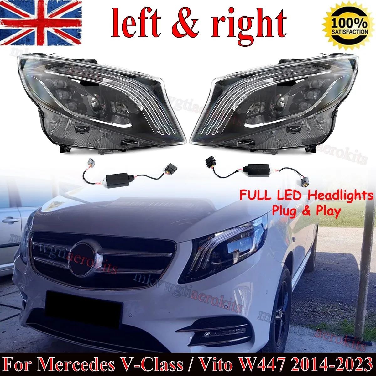 

Пара передних фар для Mercedes Benz V-Class Vito W447 Bus MPV 2016 2017 2018 2019 2020 2021 2022 2023, полностью светодиодные передние фары.