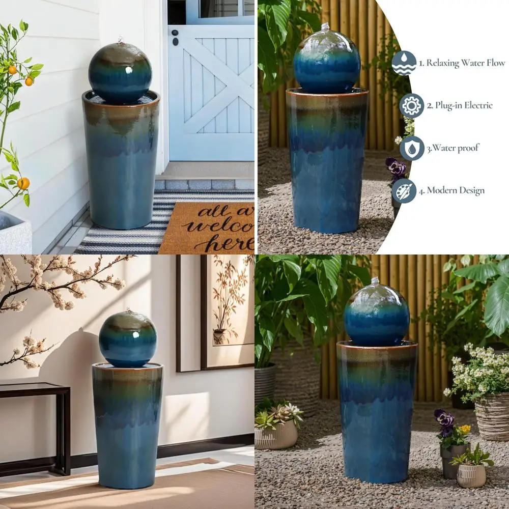 

LuxenHome 30, фонтан для воды на открытом воздухе и в помещении, глазурованная синяя пузырьковая сфера, керамический садовый уличный фонтан, элегантный моратор