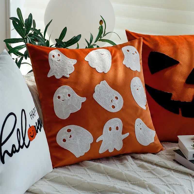 Cushion Cover Seasonal Commute Halloween Ghost Embroidery Pillowcase 45x45cm Home Decor For Party, Bedroom, Living Room, Indoor