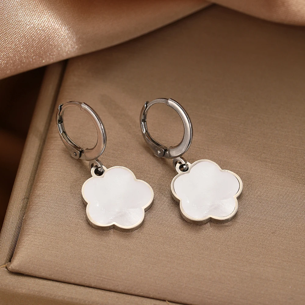DOTIFI  Stainless Steel Simple Five-Petal Flower Mother-Of-Pearl Pendant Earrings Female Fashion Commuter Hundred Party Jewelry