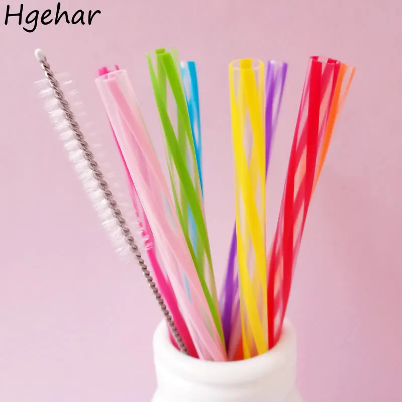 8pcs Reusable Plastic Straws Rainbow Striped Heat Resistant Drinkware Food Grade Drinking Straw Kitchen Party Beverage Rietjes